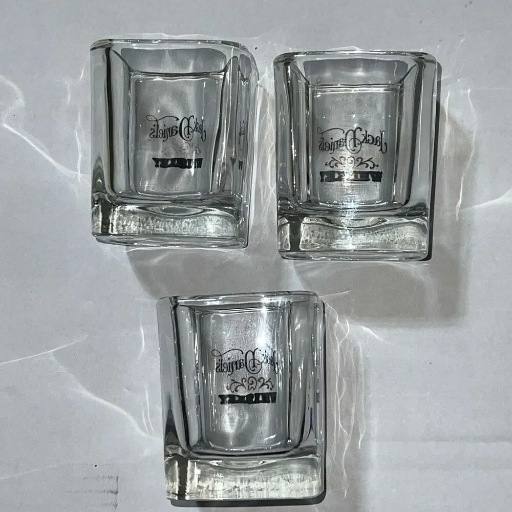 Jack Daniels Whiskey Square Rocks Glasses Black & Gold Graphics Set of 3 New